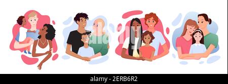 Multiculturel multiracial famille heureuse se posant ensemble, souriant avec amour et embrassant Illustration de Vecteur