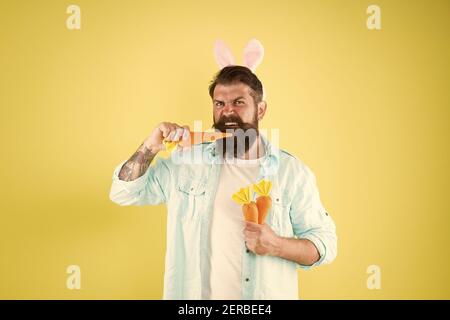 Faits nutritionnels et avantages pour la santé. La carotte se compose de vitamines. Heureux et en bonne santé. Lapin de Pâques contenir des carottes. Les oreilles de lapin d'homme barbu tiennent les légumes. Une alimentation saine. Régime végétarien. Pâques saines. Banque D'Images