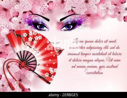 Sakura réaliste éléments concept avec la peinture abstraite avec une femme illustration du visage et du vecteur de ventilateur Illustration de Vecteur