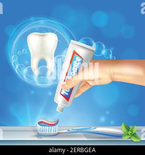 Dentisterie préventive soins buccaux composition réaliste avec dent brillante et dentifrice à la main sur l'illustration vectorielle de la brosse à dents Illustration de Vecteur