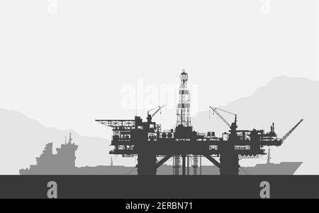 Engin de forage et pétrolier. Illustration en noir et blanc. Illustration de Vecteur