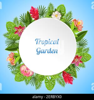 Fond tropical paradis avec la composition de diverses plantes feuilles et fleurs avec plaque blanche et illustration vectorielle de texte Illustration de Vecteur