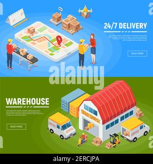 Logistique bannières horizontales entrepôt livraison camions ouvriers a emballé des marchandises pour illustration vectorielle isométrique de service 24 heures sur 24 Illustration de Vecteur