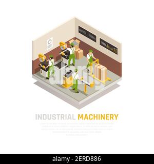 Illustration vectorielle de la composition isométrique des machines industrielles avec symboles ouvriers Illustration de Vecteur