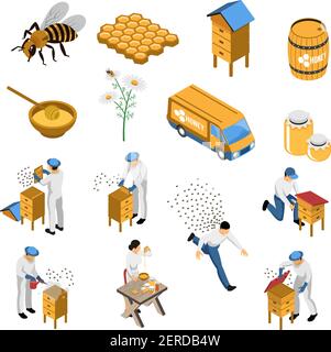 Apiculture ensemble isométrique avec fleurs et apiculteur d'abeilles près de la ruche miel dans divers conteneurs illustration vectorielle isolée Illustration de Vecteur