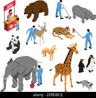 Ensemble isométrique de divers animaux et travailleurs de zoo pendant illustration vectorielle isolée professionnelle Illustration de Vecteur