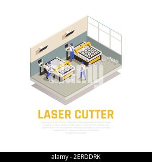 Composition de machines industrielles avec symboles de coupe laser illustration vectorielle isométrique Illustration de Vecteur