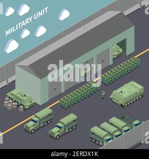 Composition isométrique de l'unité militaire avec les camions de l'armée véhicules de combat d'infanterie et soldats dans l'illustration vectorielle de rangs Illustration de Vecteur