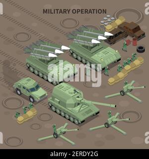 Opération militaire avec l'utilisation de canons à longue portée et de soi illustration vectorielle d'arrière-plan isométrique d'obusiers propulsés Illustration de Vecteur
