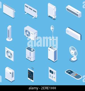 Icônes isométriques de la commande de climatisation à domicile avec table et tour ventilateurs rideaux de chauffage de climatisation, réchauffeurs électriques et d'huile isolés illustrateur de vecteur Illustration de Vecteur