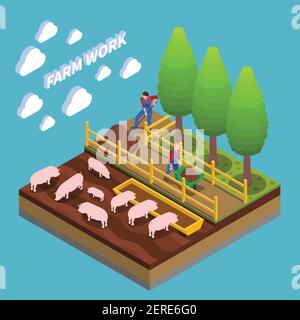 Composition isométrique agricole avec les agriculteurs engagés dans la reproduction porcine et illustration vectorielle de jardinage Illustration de Vecteur