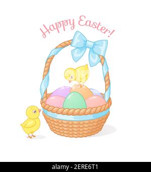 Mignons poussins avec panier rempli d'œufs de Pâques. Illustration vectorielle sur fond blanc. Illustration de Vecteur