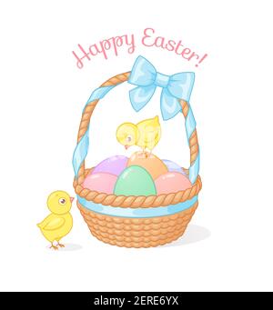 Mignons poussins avec panier rempli d'œufs de Pâques. Illustration vectorielle sur fond blanc. Illustration de Vecteur