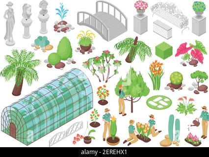 Icônes isométriques avec divers arbres plantes fleurs et décorations pour jardin botanique isolé sur fond blanc illustration 3d vectorielle Illustration de Vecteur