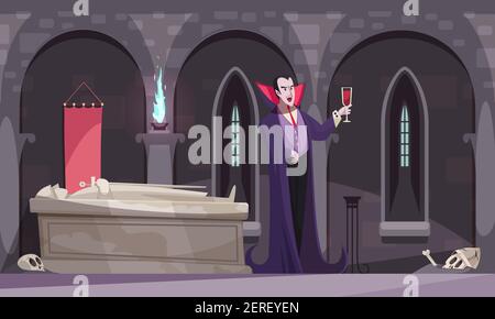 Vampire dans le manteau violet boire du sang de wineglass dans l'enterrement image vectorielle plate de voûte avec squelettes tombeau Illustration de Vecteur