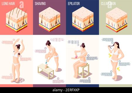 Composition isométrique avec femme faisant différentes procédures d'enlèvement de cheveux 3d illustration vectorielle isolée Illustration de Vecteur