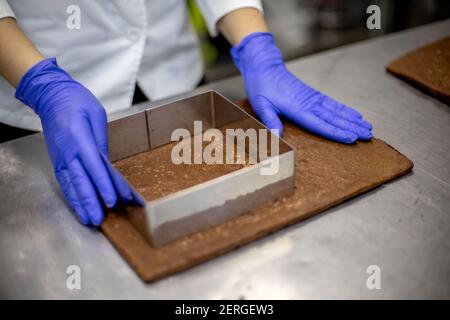 Pâtisserie souriante distribuant du gommage au chocolat sur un assemblage de gâteau au biscuit dessert mousse Banque D'Images