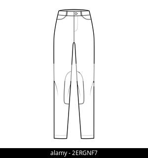 Ensemble de jeans Kentucky Jodhpurs pantalons denim illustration technique de la mode avec taille basse, taille, poches, passants de ceinture, longueur complète. Vêtements à fond plat sur le devant, de couleur blanche. Maquette CAD pour femmes et hommes Illustration de Vecteur