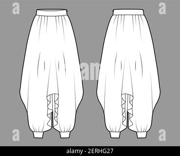 Pantalon sarouel technique mode illustration avec taille normale drapée, taille haute, plis, jambes larges, pleine longueur, surdimensionné. Modèle de vêtement plat à l'avant, à l'arrière, de couleur blanche. Femmes hommes unisexe CAD maquette Illustration de Vecteur