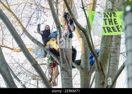 York Gardens, Londres, Royaume-Uni. 28th février 2021. Le militant écologiste Marcus Decker, 32 ans, s'entretient avec les gens rassemblés sous un peuplier noir vieux de 100 ans qui doit être abattu le 23rd février 2021 par Taylor Wimpey Homes et le Council of Wandsworth. Le quartier et les militants « respectent les arbres » par une cérémonie paisible au coucher du soleil « pour montrer leur soutien à la nature et aux protecteurs d'arbres ». Les artistes interprètes, les gens de la commune et les militants remercient par la ritanisation les plus de 124 arbres qui doivent être abattus pour un projet semi-privé de « régénération ». Sabrina Merolla / Alamy Banque D'Images