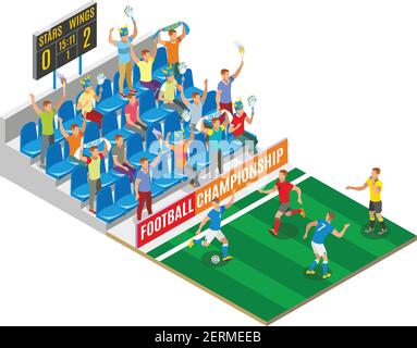 Composition isométrique du championnat de football avec spectateurs sur les joueurs de tribune du stade sur le terrain et le tableau avec l'illustration du vecteur de score de comparaison Illustration de Vecteur