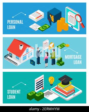 Prêts isométriques bannières horizontales ensemble avec trois compositions de financier icônes documents et personnes avec illustration vectorielle de texte Illustration de Vecteur