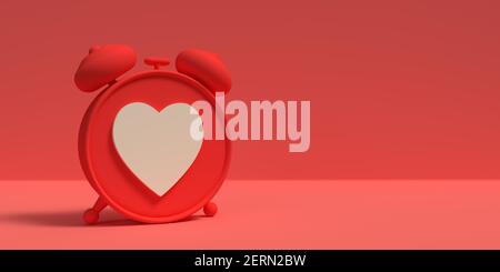 Concept de message d'horloge en 3D : signe de conception en forme de coeur en blanc. Conception graphique dans l'illustration. Objet temporisateur. Isolé sur fond rouge Banque D'Images