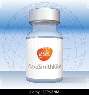 Flacon de vaccin anti Covid-19 avec étiquette Glaxo GSK, illustration vectorielle sur le fond de la conception mondiale Banque D'Images
