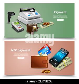 Ensemble de bannières horizontales matériel financier réaliste avec de l'argent et illustration du vecteur isolé de couleur d'arrière-plan du paiement nfc Illustration de Vecteur