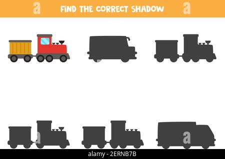 Trouvez l'ombre du train de dessins animés. Jeu logique éducatif pour les enfants. Illustration de Vecteur