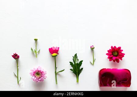 savon fait main à partir d'herbes et de fleurs avec place pour le texte sur fond blanc Banque D'Images