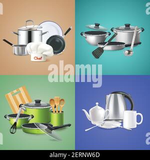 Cuisine réaliste conception d'outils concept batterie de cuisine du chef vert culinaire définir la bouilloire avec l'illustration vectorielle isolée de la vaisselle Illustration de Vecteur