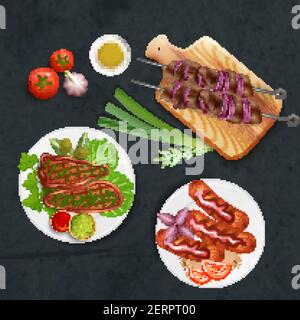 Délicieux plats cuisinés au barbecue avec de la sauce et des légumes illustration vectorielle réaliste Illustration de Vecteur