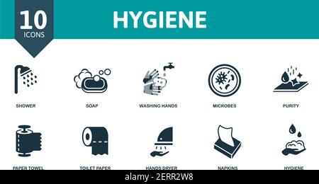 Jeu d'icônes d'hygiène. Contient des icônes modifiables thème d'hygiène comme le savon, les microbes, l'essuie-tout et plus encore. Illustration de Vecteur