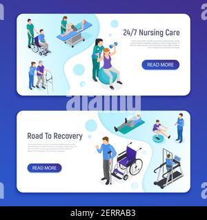 Clinique de réadaptation de physiothérapie 2 bannières web horizontales isométriques avec soins infirmiers illustration du vecteur d'informations de récupération care road Illustration de Vecteur