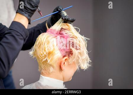 Gros plan sur les mains du coiffeur en appliquant du colorant rose sur celles de la femme cheveux blonds dans un salon de coiffure Banque D'Images