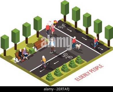 Personnes âgées maison de soins infirmiers espace de loisirs extérieur composition isométrique avec illustration vectorielle de lecture de chien de marche en vélo pour les résidents Illustration de Vecteur