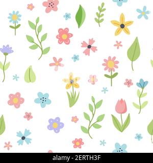 Motif Pâques avec fleurs et feuilles mignons. Éléments de dessin animé plats dessinés à la main. Illustration vectorielle Illustration de Vecteur