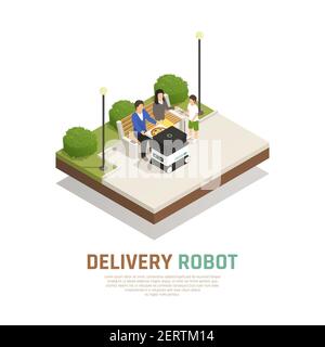 Livraison de pizza par transport robotique sans conducteur pour la famille illustration vectorielle de composition isométrique extérieure Illustration de Vecteur