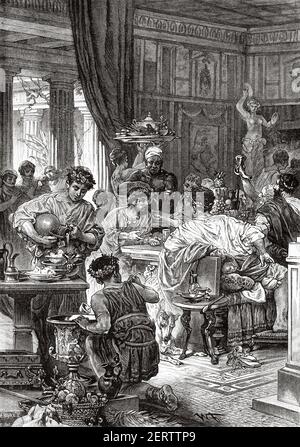 Un banquet romain, Rome antique, empire romain. Italie, Europe. Ancienne illustration gravée du XIXe siècle, El Mundo Ilustrado 1881 Banque D'Images