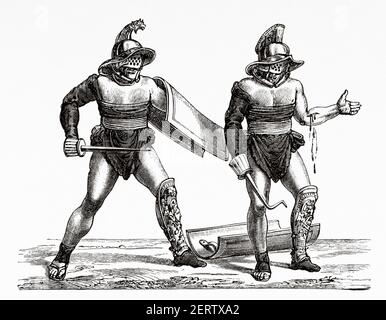 Cirque romain, gladiateurs luttant dans l'arène, empire romain antique. Italie, Europe. Ancienne illustration gravée du XIXe siècle, El Mundo Ilustrado 1881 Banque D'Images