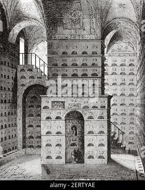 Intérieur d'un columbarium romain, Rome au XIX siècle. Italie, Europe. Ancienne illustration gravée du XIXe siècle, El Mundo Ilustrado 1881 Banque D'Images