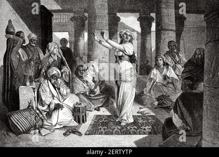 Danse du ventre dans les ruines de Karnak, Egypte au XIX siècle. Afrique. Ancienne illustration gravée du XIXe siècle, El Mundo Ilustrado 1881 Banque D'Images