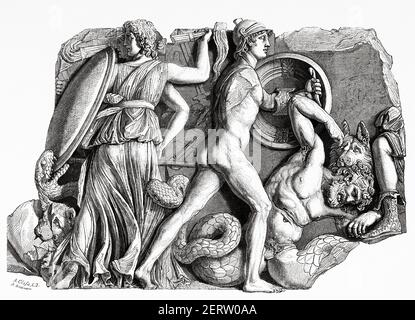 Détail de la Grande Frise de l'autel de Pergame qui représente la lutte des dieux avec les titans et les géants. 170 BC civilisation grecque. Ancienne illustration gravée du XIXe siècle, El Mundo Ilustrado 1881 Banque D'Images