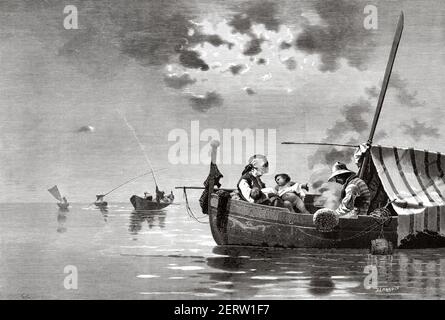 Scène marine. pêche familiale du xixe siècle en bateau en mer. Ancienne illustration gravée du XIXe siècle, El Mundo Ilustrado 1881 Banque D'Images