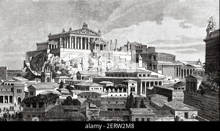 Reconstruction artistique. Le Capitole depuis les palais des empereurs sur le Mont Palatin. Foro Boario, Temple de Jupiter, Basilique Sempronia, Tubularium, temples à côté du Forum romain, Rome antique, Italie. Europe. Illustration gravée du XIXe siècle, El Mundo Ilustrado 1880 Banque D'Images