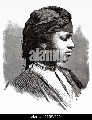 Portrait, femme de Fellah en vêtements traditionnels, Égypte XIXe siècle. Illustration gravée du XIXe siècle, El Mundo Ilustrado 1880 Banque D'Images