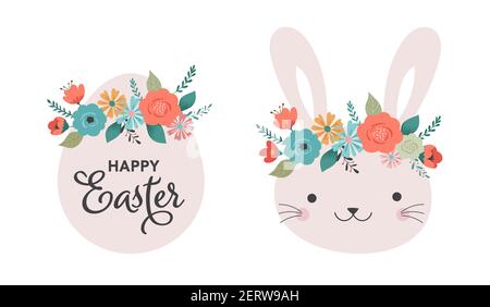 Motif de Pâques boho, ensemble de banderoles avec lapins, œufs et couronnes de fleurs dans des couleurs pastel Illustration de Vecteur