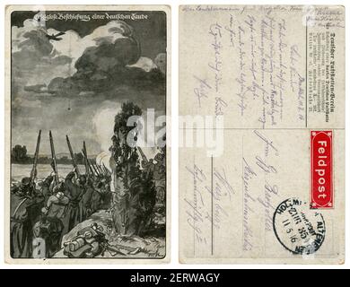 Carte postale historique allemand : soldats français sont tiré de la tranchée des fusils et canons anti sur l'avion de reconnaissance allemand de la première guerre mondiale, la lumière Banque D'Images