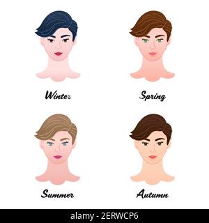12 types de couleurs saisonnières. Quatre types de couleur de cheveux courts femmes apparences. Hiver, printemps, été et automne - ensemble de têtes de dame isolées de vecteur Illustration de Vecteur